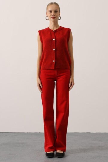 Bisiklet Yaka Düğmeli Kolsuz Triko Bluz