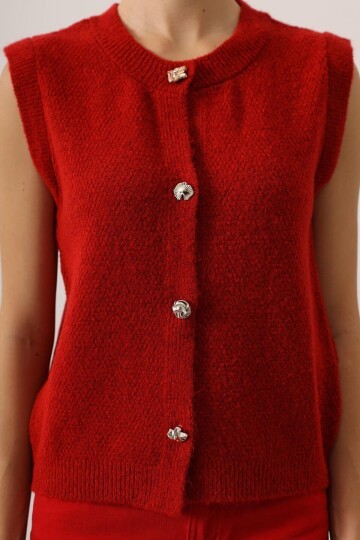 Bisiklet Yaka Düğmeli Kolsuz Triko Bluz