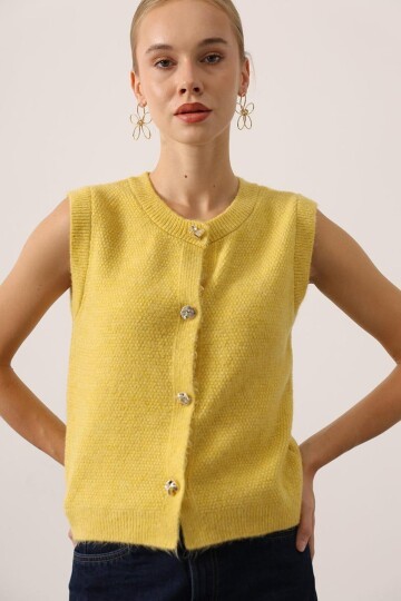 Bisiklet Yaka Düğmeli Kolsuz Triko Bluz