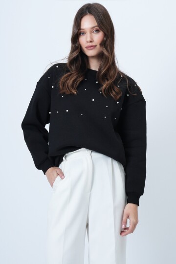 Bisiklet Yaka İnci Detaylı Oversize Sweatshirt
