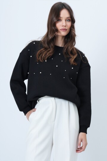 Bisiklet Yaka İnci Detaylı Oversize Sweatshirt