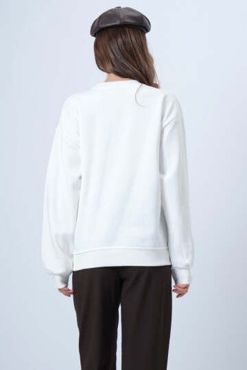 Bisiklet Yaka Nakışlı Ribanalı Uzun Kollu İçi Şardonlu 3 İplik Sweatshirt