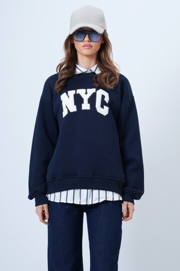 Bisiklet Yaka Nakışlı Ribanalı Uzun Kollu İçi Şardonlu 3 İplik Sweatshirt