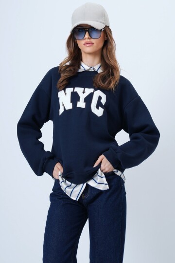 Bisiklet Yaka Nakışlı Ribanalı Uzun Kollu İçi Şardonlu 3 İplik Sweatshirt