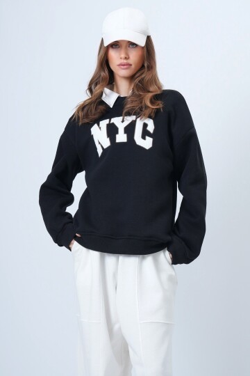 Bisiklet Yaka Nakışlı Ribanalı Uzun Kollu İçi Şardonlu 3 İplik Sweatshirt