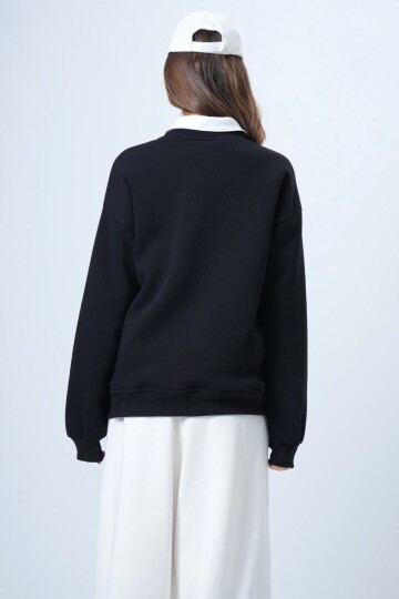 Bisiklet Yaka Nakışlı Ribanalı Uzun Kollu İçi Şardonlu 3 İplik Sweatshirt