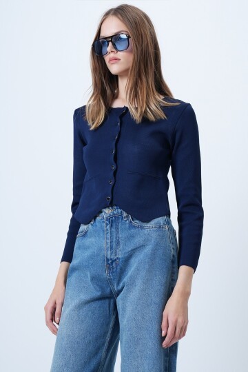 Bisiklet Yaka Önü Düğmeli Triko Bluz