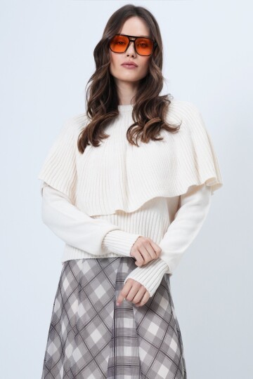 Bisiklet Yaka Pelerin Detaylı Fitilli Triko Kazak