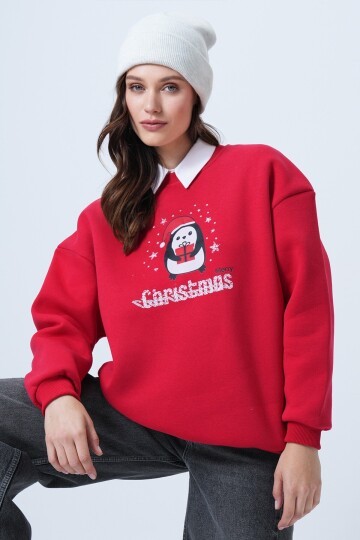 Bisiklet Yaka Penguen Baskılı Oversize Sweatshirt