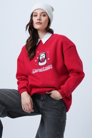 Bisiklet Yaka Penguen Baskılı Oversize Sweatshirt