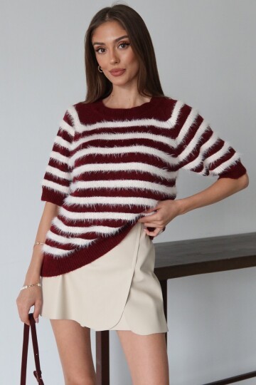 Bisiklet Yaka Püsküllü Kısa Kollu Çizgili Triko Bluz