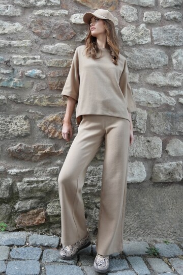 Bisiklet Yaka Selanik Örme Bluz Ve Palazzo Pantolon Takım