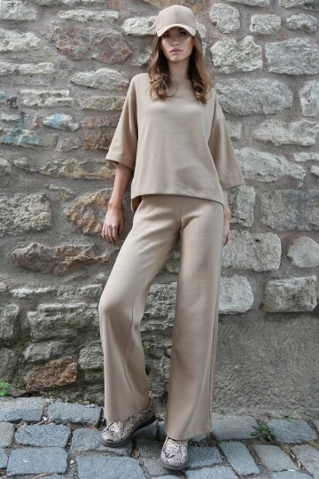 Bisiklet Yaka Selanik Örme Bluz Ve Palazzo Pantolon Takım