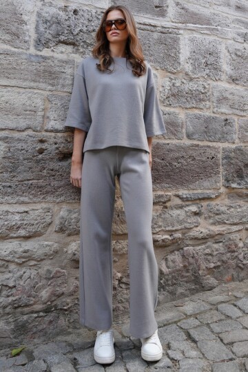 Bisiklet Yaka Selanik Örme Bluz Ve Palazzo Pantolon Takım