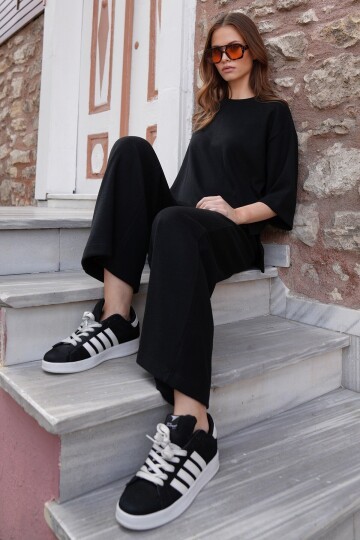 Bisiklet Yaka Selanik Örme Bluz Ve Palazzo Pantolon Takım