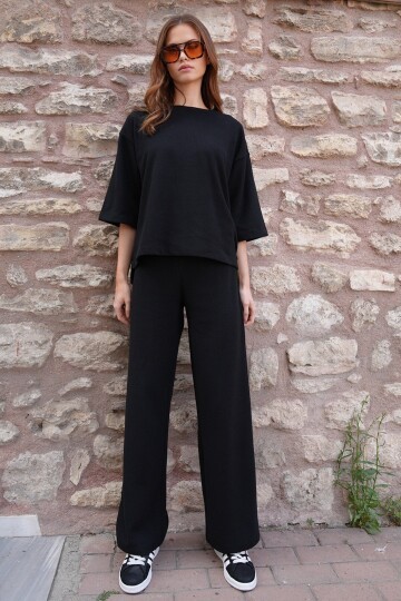 Bisiklet Yaka Selanik Örme Bluz Ve Palazzo Pantolon Takım