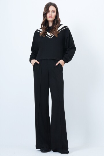 Bisiklet Yaka Şerit Detaylı Bluz ve Geniş Paça Pantolon Takım