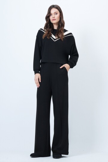 Bisiklet Yaka Şerit Detaylı Bluz ve Geniş Paça Pantolon Takım
