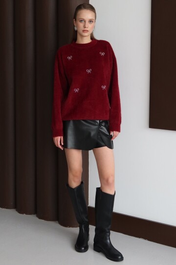 Bisiklet Yaka Taşlı Kurdale Detaylı Yumoş Kazak