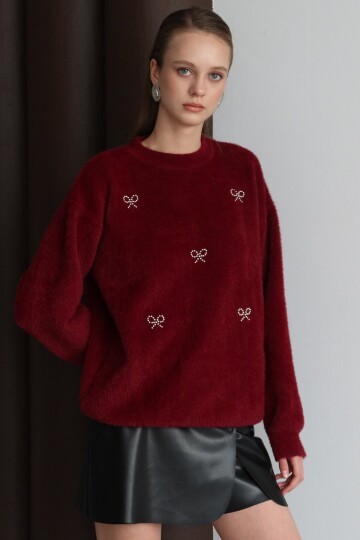 Bisiklet Yaka Taşlı Kurdale Detaylı Yumoş Kazak