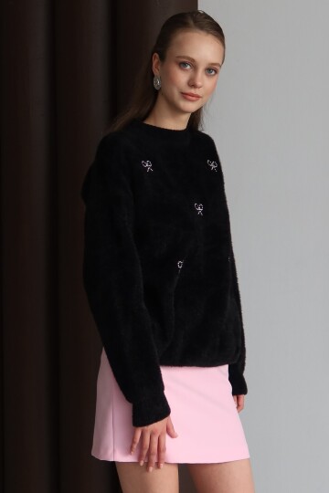 Bisiklet Yaka Taşlı Kurdale Detaylı Yumoş Kazak