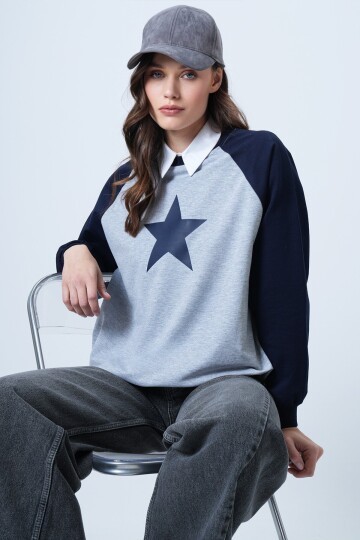 Bisiklet Yaka Yıldız Baskılı Oversize Sweatshirt