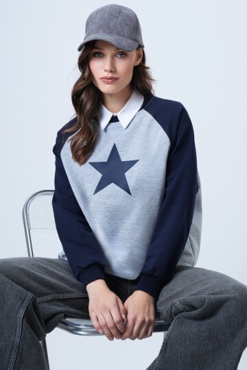 Bisiklet Yaka Yıldız Baskılı Oversize Sweatshirt