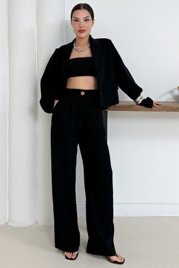 Cep Aksesuarlı Crop Astarlı Ceket Ve Çift Cepli Pantolon Takım