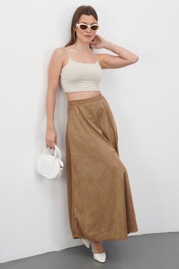 Çift Cepli Beli Lastikli Midi Boy Etek