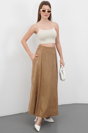 Çift Cepli Beli Lastikli Midi Boy Etek
