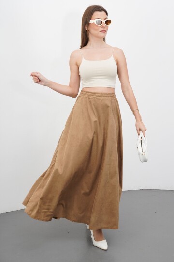 Çift Cepli Beli Lastikli Midi Boy Etek