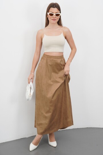 Çift Cepli Beli Lastikli Midi Boy Etek