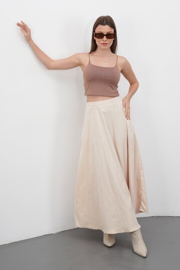 Çift Cepli Beli Lastikli Midi Boy Etek