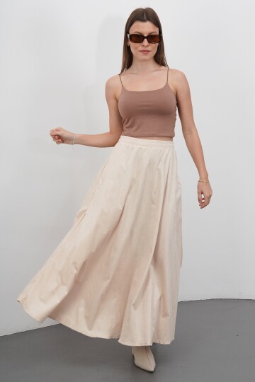 Çift Cepli Beli Lastikli Midi Boy Etek