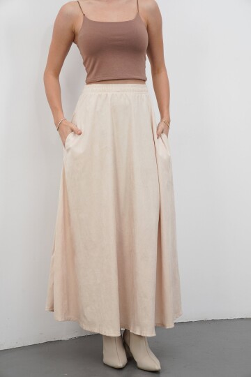 Çift Cepli Beli Lastikli Midi Boy Etek