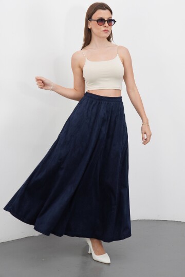 Çift Cepli Beli Lastikli Midi Boy Etek