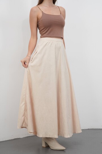 Çift Cepli Beli Lastikli Midi Boy Etek