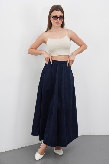 Çift Cepli Beli Lastikli Midi Boy Etek