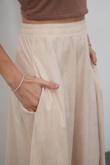 Çift Cepli Beli Lastikli Midi Boy Etek