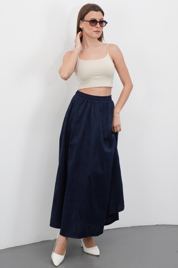 Çift Cepli Beli Lastikli Midi Boy Etek