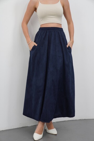 Çift Cepli Beli Lastikli Midi Boy Etek