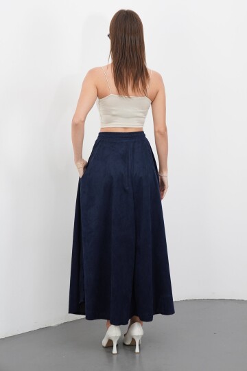 Çift Cepli Beli Lastikli Midi Boy Etek