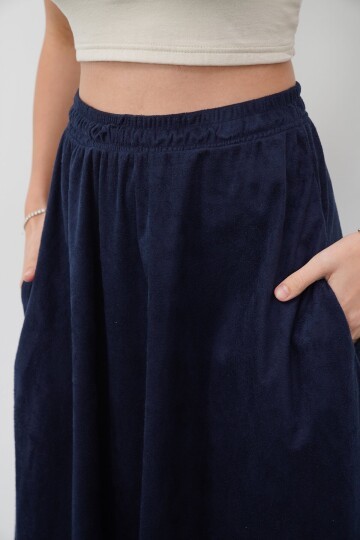 Çift Cepli Beli Lastikli Midi Boy Etek