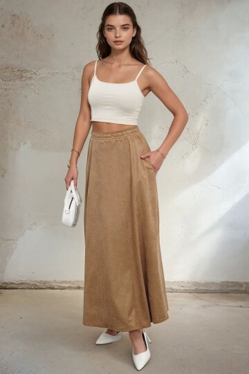 Çift Cepli Beli Lastikli Midi Boy Etek