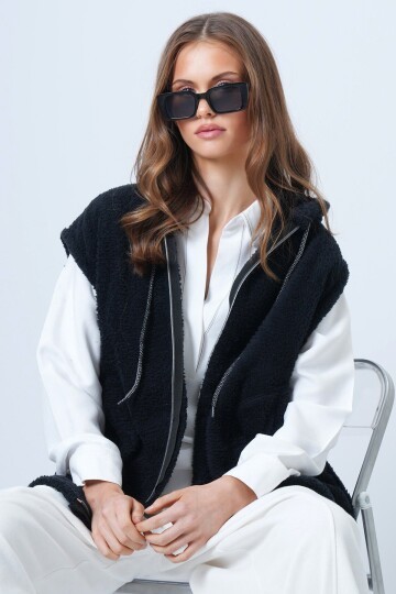 Çift Cepli Fermuar Kapamalı Peluş Yelek