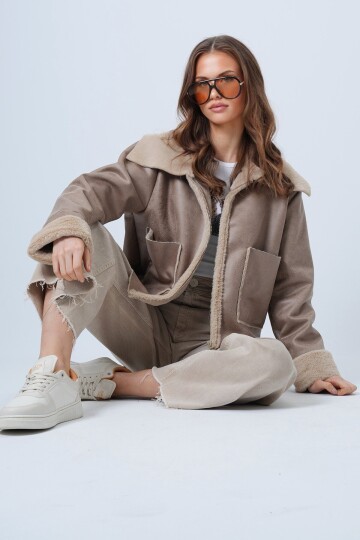 Çift Cepli İçi Suni Kürklü Suni Deri Biker Ceket