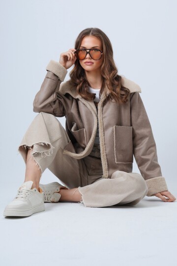 Çift Cepli İçi Suni Kürklü Suni Deri Biker Ceket