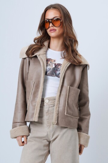 Çift Cepli İçi Suni Kürklü Suni Deri Biker Ceket