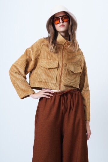 Çift Cepli Reglan Kol Kadife Ceket