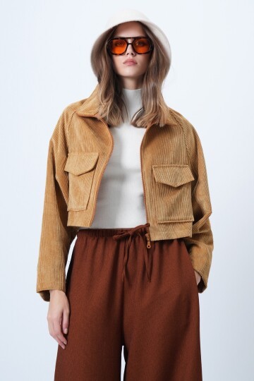 Çift Cepli Reglan Kol Kadife Ceket